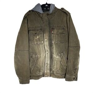 Levis Work Jacket Mens Medium Olive Green Distressed Hooded Canvas Coat Good